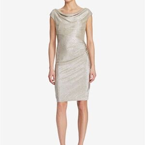 Ralph Lauren Gold Metallic Cap Sleeve Cowl Neck Sheath Dress Size 8